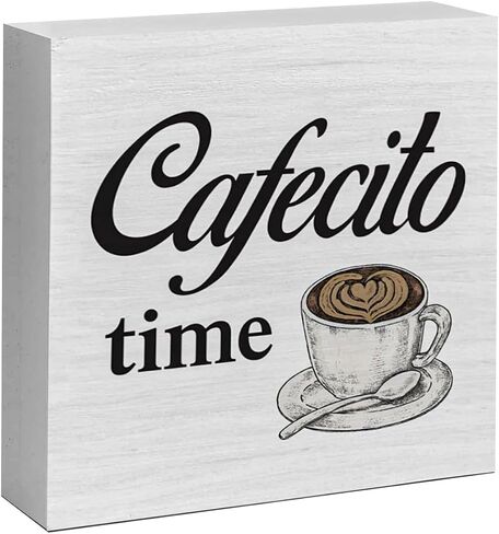 Country Cafecito Time Wooden Box Sign - Rustic Décor for Coffee Lovers Includes Desk and Wall Plaque Perfect for Home Kitchen Shelf Tabletop Wall Decoration - 5" x 5 in Saudi Arabia