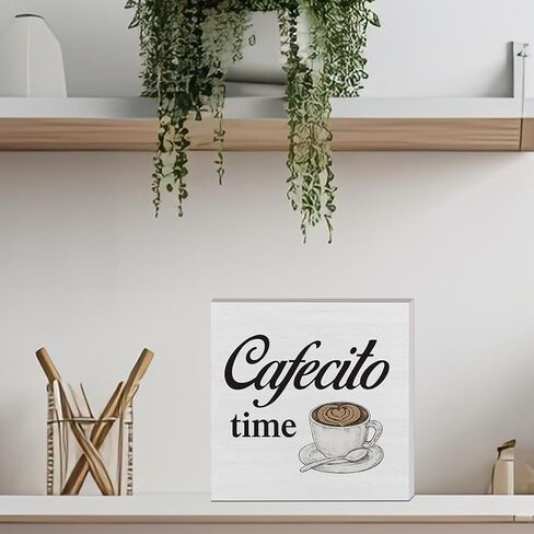 Country Cafecito Time Wooden Box Sign - Rustic Décor for Coffee Lovers Includes Desk and Wall Plaque Perfect for Home Kitchen Shelf Tabletop Wall Decoration - 5" x 5 in Saudi Arabia