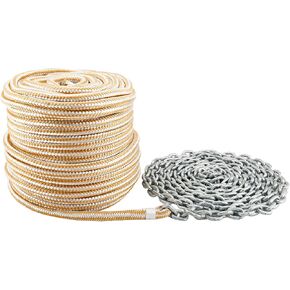 NovelBee 3/8 Inch x 100 Feet Double Braid Nylon Rope with 1/4 Inch x 15 Feet Galvanized Chain for Boat Anchor Rope and Dock Line