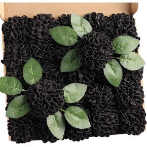 N&T NIETING Hydrangea Artificial Flowers Dahlia Fall Decorations 25pcs Black Faux Flowers Decor White Fake Roses w/Stem for DIY Wedding Decor Centerpieces Arrangements Bouquets, Black