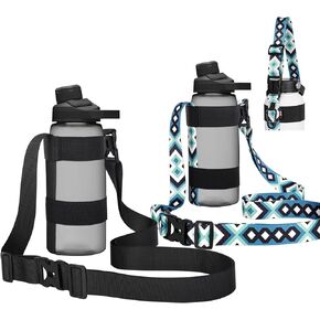 2pcs Water Bottle Holder with Strap, Handle Strap Sling with Adjustable Shoulder Strap & Carabiner 12oz-24oz for Hydro Flask Water Bottle Sports Gym Hiking Camping Walking(Black/Geometric)