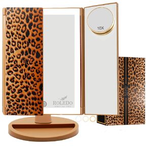 RoLeDo 3 Folds Lighted Vanity Makeup Mirror, 2X/3X 10X Magnification, 72 LED Lights Desk Mirror with Touch Screen 3 Color Lighting, Portable Cosmetic Mirror, Gifts for Women, Teen Girls, Leopard Print
