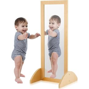 Toddler Single Sided Bi Directional Mirror 34.7 x 15.6 x 14.6 Inch Wooden Coordination Mirror Safety Shatterproof Mirror Baby Acrylic Non Glass Early Learning to Walk Mirror Kids Furniture