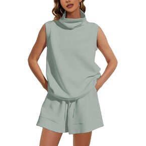 Meladyan المرأة قطعتين رياضية الياقة المدورة بلا أكمام سترة تانك عالية الخصر الرباط شورت مع جيوب ملابس عصرية، رمادي أخضر in Kuwait