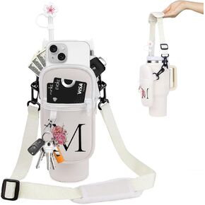 Water Bottle Holder with Strap for Stanley Cup 40 oz, Neoprene Water Bottle Carrier with Phone Pocket & Straw Cover,Water Bottle Bag Stanley Cup Accessories & Sports Water Bottle Accessories (White-L)