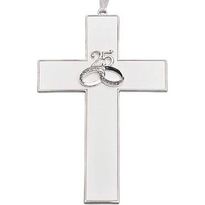 White Cross with a Silver Tone Trimmed, Features 2 Rings in the Center with 25 Above the Rings, 7 Inches