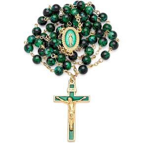 Rosary Beads catholic for Women and Men Blessed During Pope's Angelus, Miraculous Virgin Green Rosary with Variegated Glass on a Gold Plated Brass Chain - Perfect Catholic gifts ( Green)