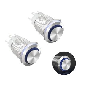 Latching Push Button Switch 36V Waterproof Stainless Steel Metal 3/4" Mounting Hole Blue LED SPST Switch for Electrical Equipment, 2 Pcs, Flat Round