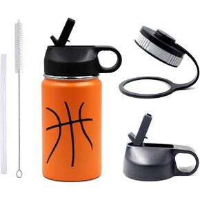 12 oz Basketball Water Bottle, Sports Canteen Metal Travel Tumbler with 2 Lids 18/8 Stainless Steel Double Wall Vacuum Insulated Water Bottles (12oz, Basketball)