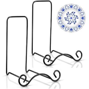 2 Pcs Wrought Iron Plate Stands for Display Small Easel Stand Black Decorative Bowl Holder for Tabletop Bowl Pictures Frame Artwork Book Plaque Deep Platter, 6.5" H x 4.7'' Width x 5'' D