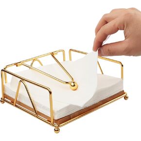 Gold Napkin Holder for Table with Wooden Base,All Metal Kitchen Napkin Holder with Weighted Tension Arm for Table,Kitchen,Countertops & Outdoor Tables