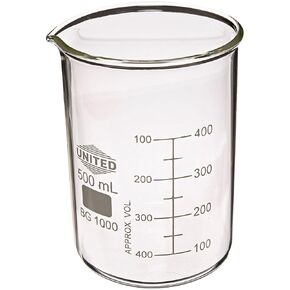 United Scientific BG1000-500 Borosilicate Laboratory Grade Glass Beakers, Griffin Low Form Beaker, Graduated with Spout, Designed for Laboratories & Chemistry Classrooms, 500mL, Pack of 6