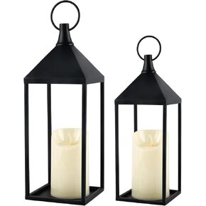 Modern Farmhouse Lantern Decor, 2Pcs Metal Candle Lanterns with Flameless Candles Black Decorative Lantern for Front Porch Covered Patio Dining Table Entryway Table Wedding Home Decor