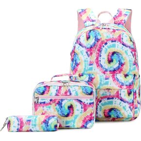 Joyfulife Girls Backpacks, Tie Dye Backpack for Girls Kids Bookbags School Backpack with Lunch Box (Tie Dye Black)