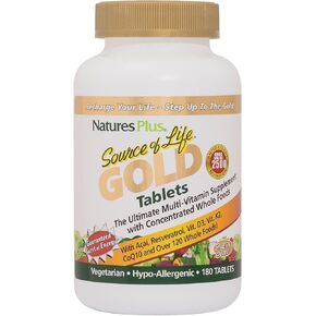 NaturesPlus Source of Life Gold Multivitamin - 180 Tablets - with Vitamins D3, B12 & K2 - Blood, Bone & Immune Support - Vegetarian & Gluten Free - 60 Servings