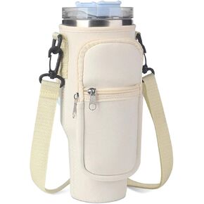 Water Bottle Carrier Bag with Handle, Water Bottle Holder with Strap, Stanley Cup Accessories, Water Bottle Bag with Adjustable Shoulder Strap for Walking Travelling Camping (White)