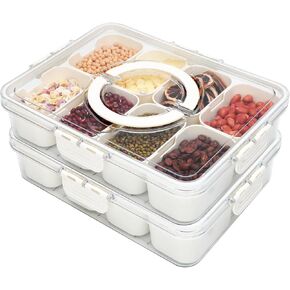 Reusable Divided Serving Tray with Lid,Snack Tray with Lid and Handle for Portable Snack Platters, Fruit Platters,Clear Snack Containers Ideal for Travel,Picnic,Party,2 Pcs