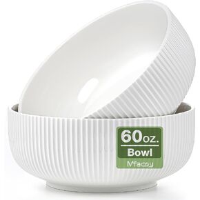 Mfacoy 2 Pack Salad Bowl, 8 inch 60 oz Large Serving Bowl Set, Deep Bowl for Kitchen, White Ceramic Bowl Set for Soup, Cereal, Ramen, Pasta, Salad, Dishwasher & Microwave Safe, Easy Clean
