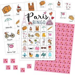 Paris Bingo Games Cards, France Travel Bingo Game Set, Paris Vacation Bingo Party Game, Honeymoon Bingo Supplies for Adults Friends Couples, Holiday Birthday Party Decorations -06