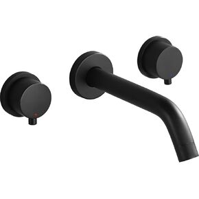 Wall Mount Faucet with Pop Up Drain and Rough in Valve,Matte Black Wall Faucet Mounted Bathroom Faucets Double Handle 3 Hole Wall Mount Tub Faucet Widespread Bathroom Faucet
