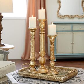 Deco 79 Mango Wood Candle Holder, Set of 3 21", 18", 15"H, Gold