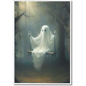 Nanxiwofee Vintage Cute Ghost Canvas Wall Art, Funny Ghost on A Swing in The Forest Aesthetic Poster, Gothic Dark Academia Wall Decor, Creepy Spooky Abandoned Art Halloween Pictures 12x16in Unframed
