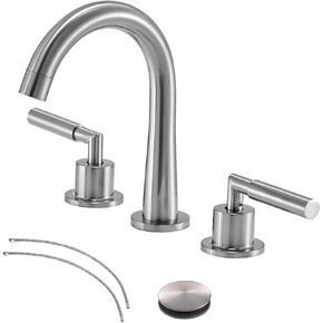 Modern 2 Handles 3 Holes 8 Inch Brushed Nickel Widespread Bathroom Faucet,Stainless Steel Lavatory Vanity Bathroom Sink Faucet with Pop-up Drain and Water Supply Lines