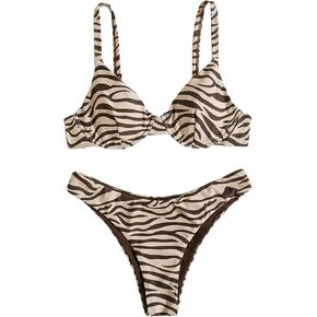 WDIRARA Women's Two Piece Swimsuit Zebra Stripe Underwire Spaghetti Strap Bikini Bathing Suit