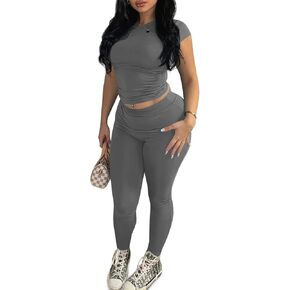 Fiosew Womens 2 Piece Summer Outfit Slim Fit Short Sleeve Tops High Waisted Pants Workout Tracksuit Sets