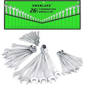 SWANLAKE 26PCS Combination Wrench Set with Roll-up Pouch, wrench set metric and standard, SAE 1/4" - 1" and Metric 8mm - 24mm