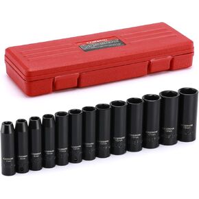 CASOMAN 13 Pieces 3/8-Inch Drive Impact Socket Set, 6-Point, Metric, Deep, CR-V, 7mm to 19mm, Heavy Duty Blow Molded Storage Case