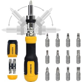 SHARDEN Ratcheting Screwdriver Multi Bit Screw Driver 13-in-1 Tool Ratchet Screwdriver Set Flat Head/Square/Torx/Hex/Phillips Screwdriver, 180 Degree Pivoting Adjustable Angle Magnetic Screwdriver