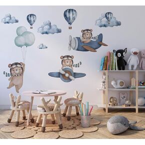 Large Bear & Airplanes Wall Stickers for Kids Bedroom - Bear Hot Air Balloon Wall Decals - Baby Nursery Wall Decals - Plane Wall Sticker for Baby Nursery Playroom Bedroom Girls Boy Room Wall Decor