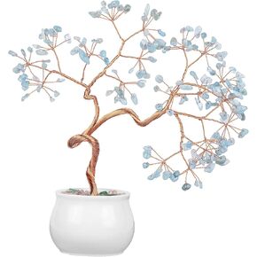 Amogeeli Healing Aquamarine Crystal Copper Money Tree with Ceramic Pot, Handmade Stone Bonsai Luck Tree for Fengshui Home Desk Decor