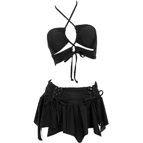 MEOWCOS Gothic Bat Pink Bikini Set Swimsuit Heart Buckle Halter Lace-up Top and Triangle Panty Bathing Suit Swimwear in Kuwait