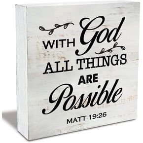 Rustic Religious Wood Box Sign with God All Things are Possible Wooden Box Sign Christian Home Desk Shelf Decor (5 X 5 Inch)