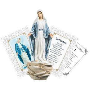 6 inch Virgin Mary Holy Water Holder - Laminated Hail Mary Prayer Card, The Lord's Prayer Card - Mama Mary Water Font for Altar - Hanging Holy Water Font Mary, Mother of Christ Set -3 Catholic Items