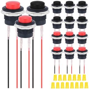 15Pcs 15mm Red/Black Momentary Push Button Switch SPST 1A 250V AC / 3A 125V AC ON Off 2 Pin with Locked Terminal Wires and Wiring Cap for Car, Boat