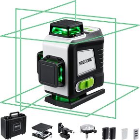 Firecore 4 x 360 Laser Level Self Leveling, 16 Lines Green Beam 4D Cross Line Tiling Floor Tool, 3 Gear Brightness Adjustment/Pulse Mode for Construction, Two Li-ion Batteries, Remote Control included