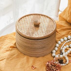 Boho Rattan Storage Box for Jewelry Keepsake Trinket, Bohemian Decorative Small Handmade Box for Unique Memory Treasures, 5.12 × 3.94 inches