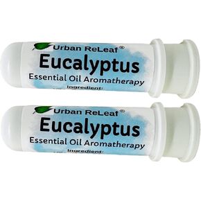 Urban ReLeaf Eucalyptus Essential Oil Aromatherapy Nasal Inhalers, Set of 2 — Pure Undiluted Australian Myrtaceae Oil, Easy Open Snap Top. Made in USA. Alcohol-Free. No Mess. Pocket Size.