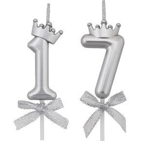 17 Birthday Candles, 17th Cake Candles, Silver Happy Birthday Number 17 Candles Cake Topper Decorations for Party Kids Boys Girls