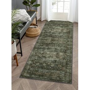 Green Washable Rugs 5x7 Living Room Rug Non Slip Rugs for Bedroom,Traditional Border Vintage Foldable Stain Resistant Low Pile Indoor Throw Carpet for Home Office Dining Table,Green/Grey