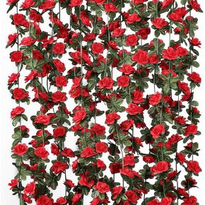 KHOYIME 5 Pack 40FT Artificial Flower Garland, Fake Champagne Roses Vines Silk Flowers Faux Plastic Outdoor Hanging Floral Ivy Garland Decoration for Wedding Arch Bedroom Home Wall Backdrop Room Decor