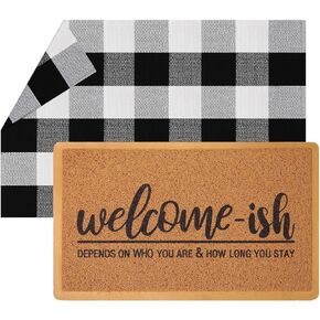 2pcs Welcome-Ish Welcome Mat Welcome-Ish Front Door Mat Black White Buffalo Plaid Check Rug Layered Funny Front Door Mat for Indoor Outdoor Entrance Home Doormats Decor