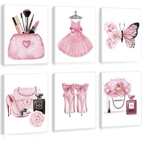 HPNIUB Fashion Women Art Print Pink High Heels Flowers Painting Set of 3 Pieces (11.8x15.6inch) Canvas Perfume Poster With Framed Ready to Hang for Girls Gift Bedroom Dressing room