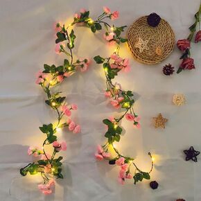 Fielegen Artificial Flower Garland with 20 LED String Lights, 6FT Hanging Rose Flower Vine Garland Decorations for Garden Wedding Flower Table Decor Valentines Day Birthday Party Christmas Wall Room