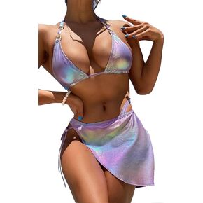 YAUASOPA Metallic Bikini Sets for Women Thong 3 Piece Swimsuits Triangle Bathing Suit Cover Up Skirt Rave Outfits