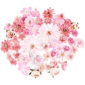 48 PCS Fake Flowers Heads - Artificial Flower Heads Bulk Silk Faux Flower for Crafts Cake Blossom Wreath Garland Bouquets for Crafts Wedding Bridal Party Baby Shower Home Decoration(Pink)
