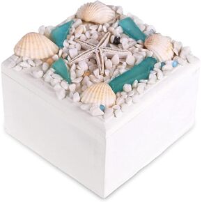 CoTa Global Oceanic Square Jewelry Box - Handcrafted Nautical Trinket with Seashell and Starfish Decorations, Accent Tabletop Home Decor, Beach Sea Shell Jewelry Storage Organizer - 3.2 Inch